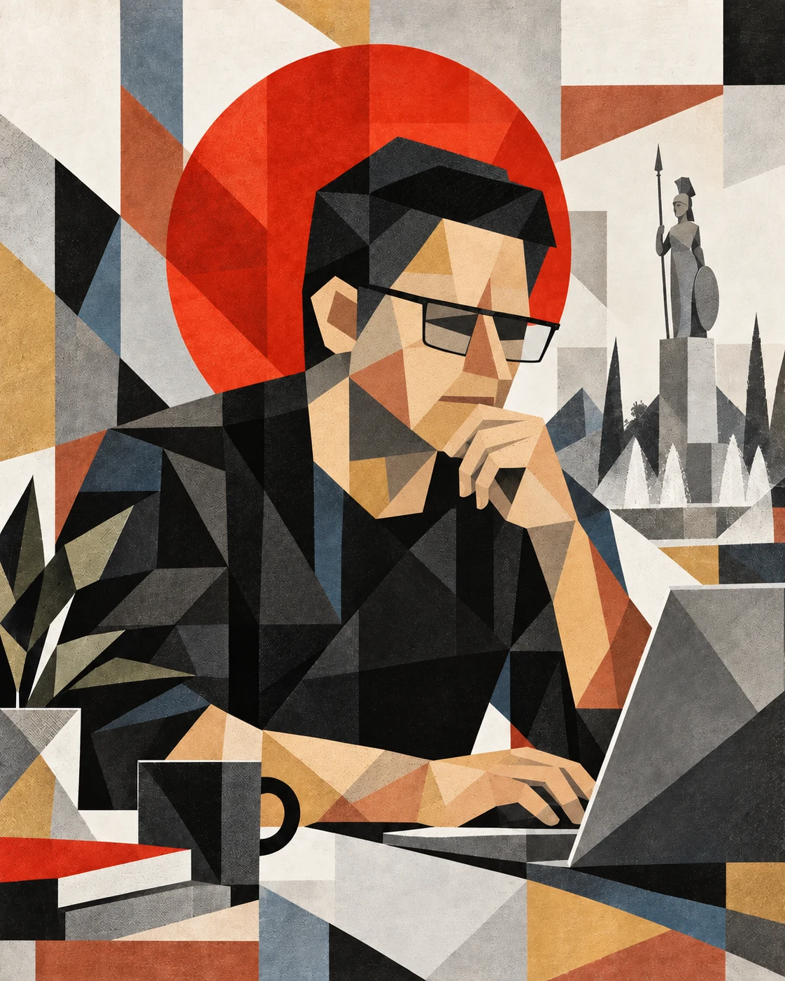 Abstract Cubist portrait of Francisco Rodríguez working near Guadalajara's Minerva